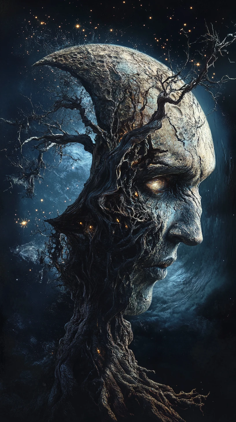 Crescent moon tree of life under a fractured night sky