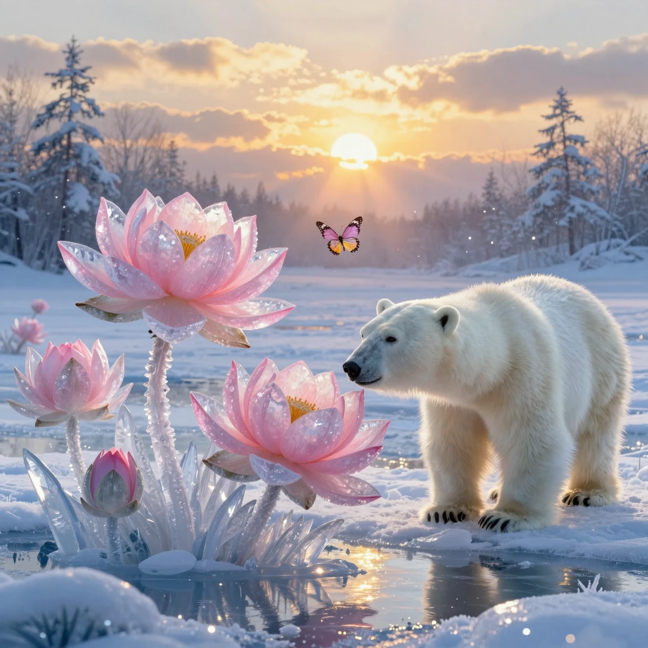 Polar Bear Among Ice Lotus Flowers At Winter Sunset