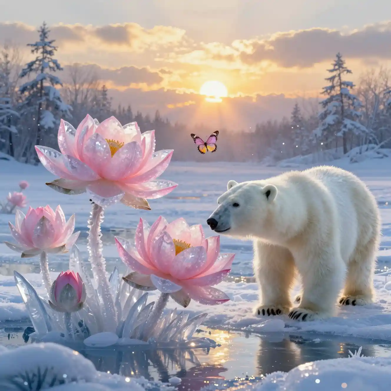 Polar Bear Among Ice Lotus Flowers At Winter Sunset