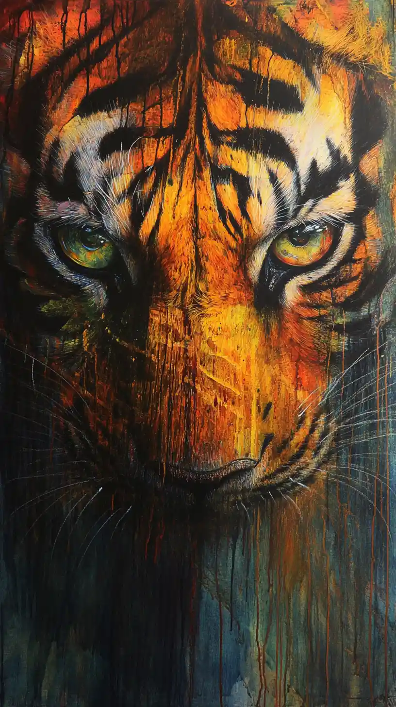 Occhi di tigre astratti in una audace pittura illusoria e colorata