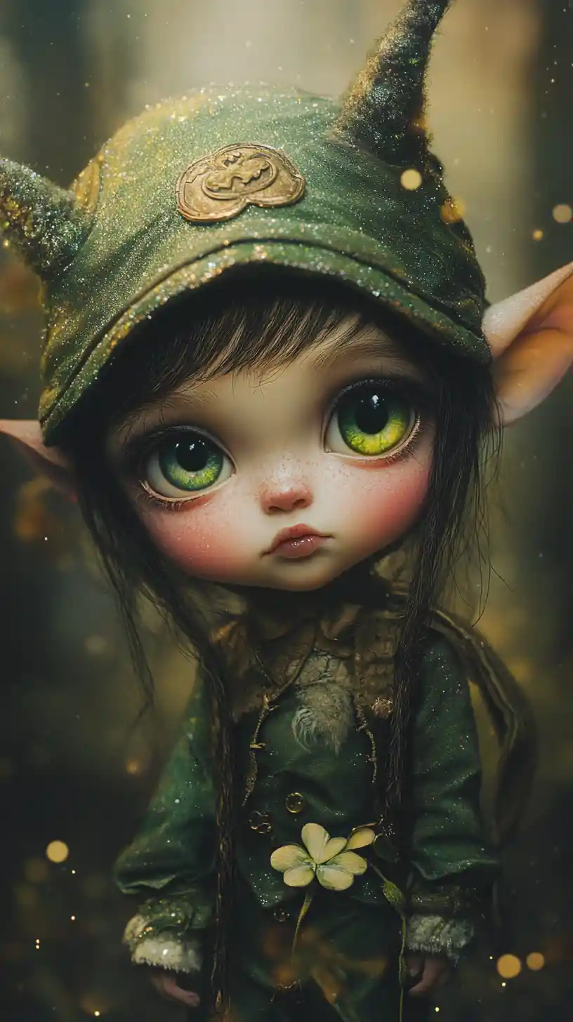 Mystical baby leprechaun with shimmering gradient eyes