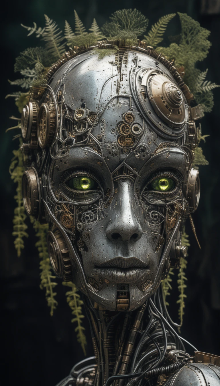 Surreal biomechanical android head merging nature and machinery