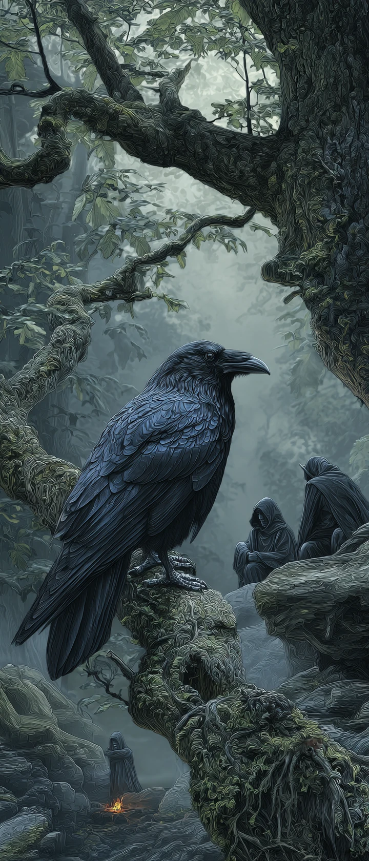 Corvo negro em uma árvore ancestral em uma floresta sombria