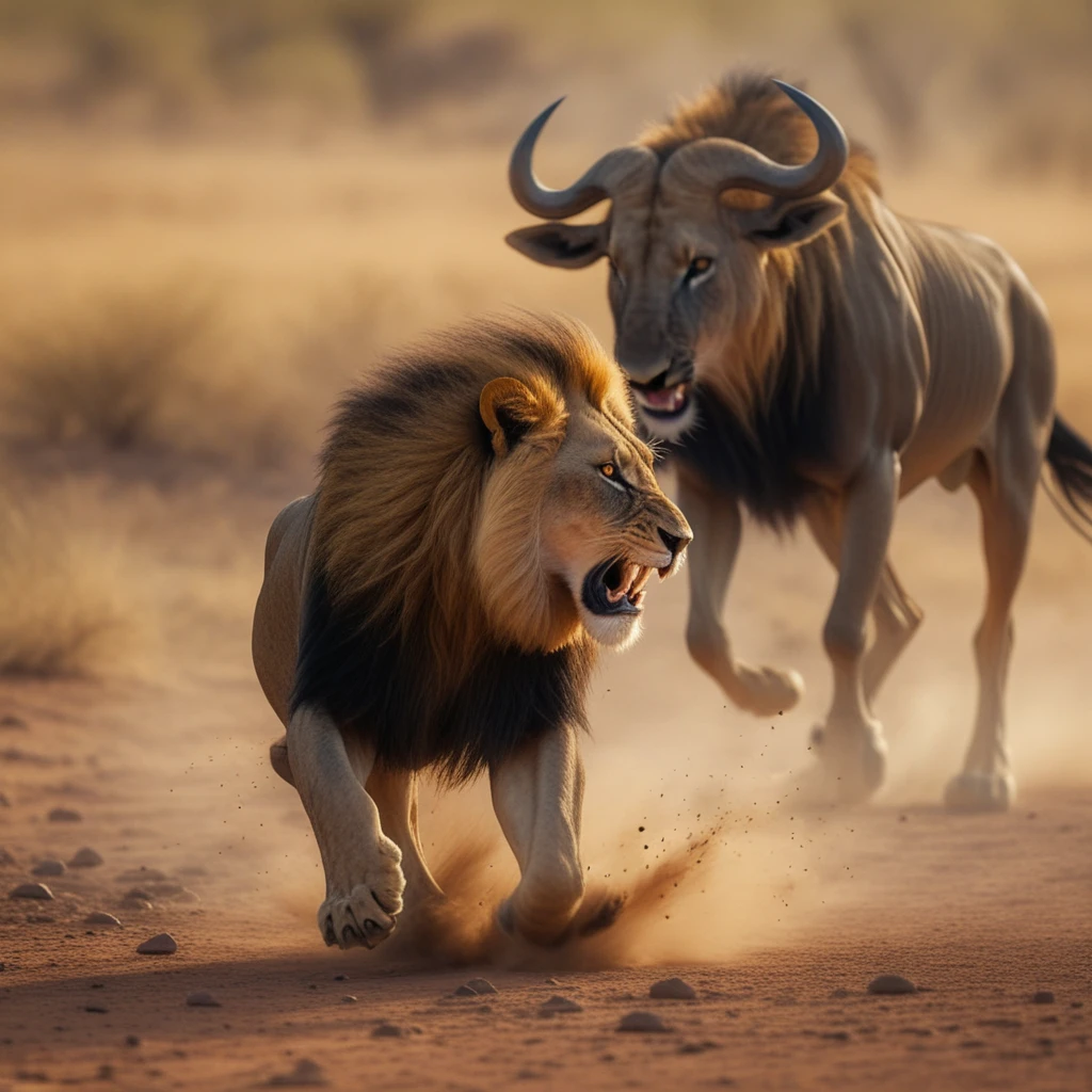 Leão em investida persegue gnu na poeirenta savana africana