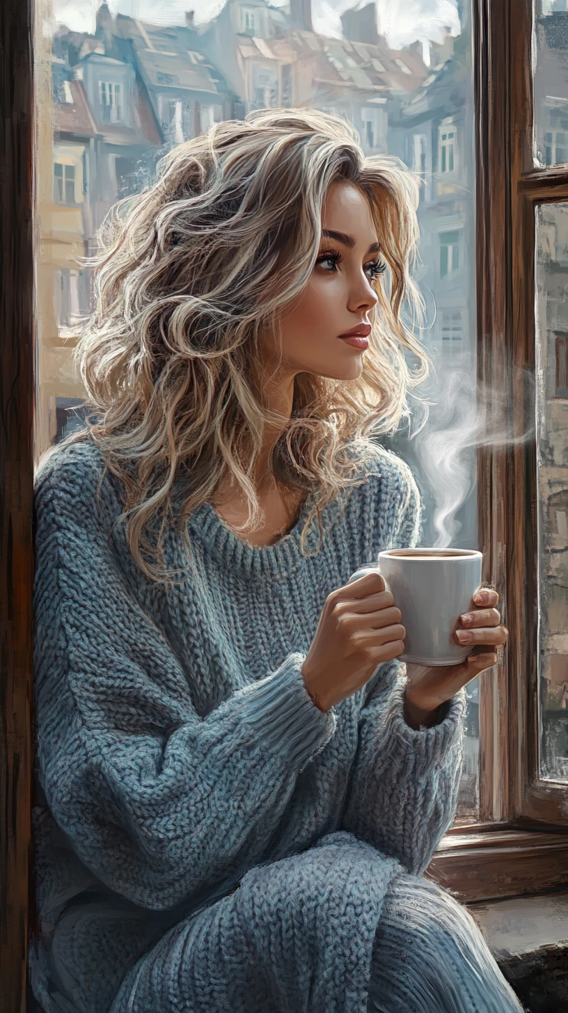Mujer con café sentada en el alféizar al amanecer