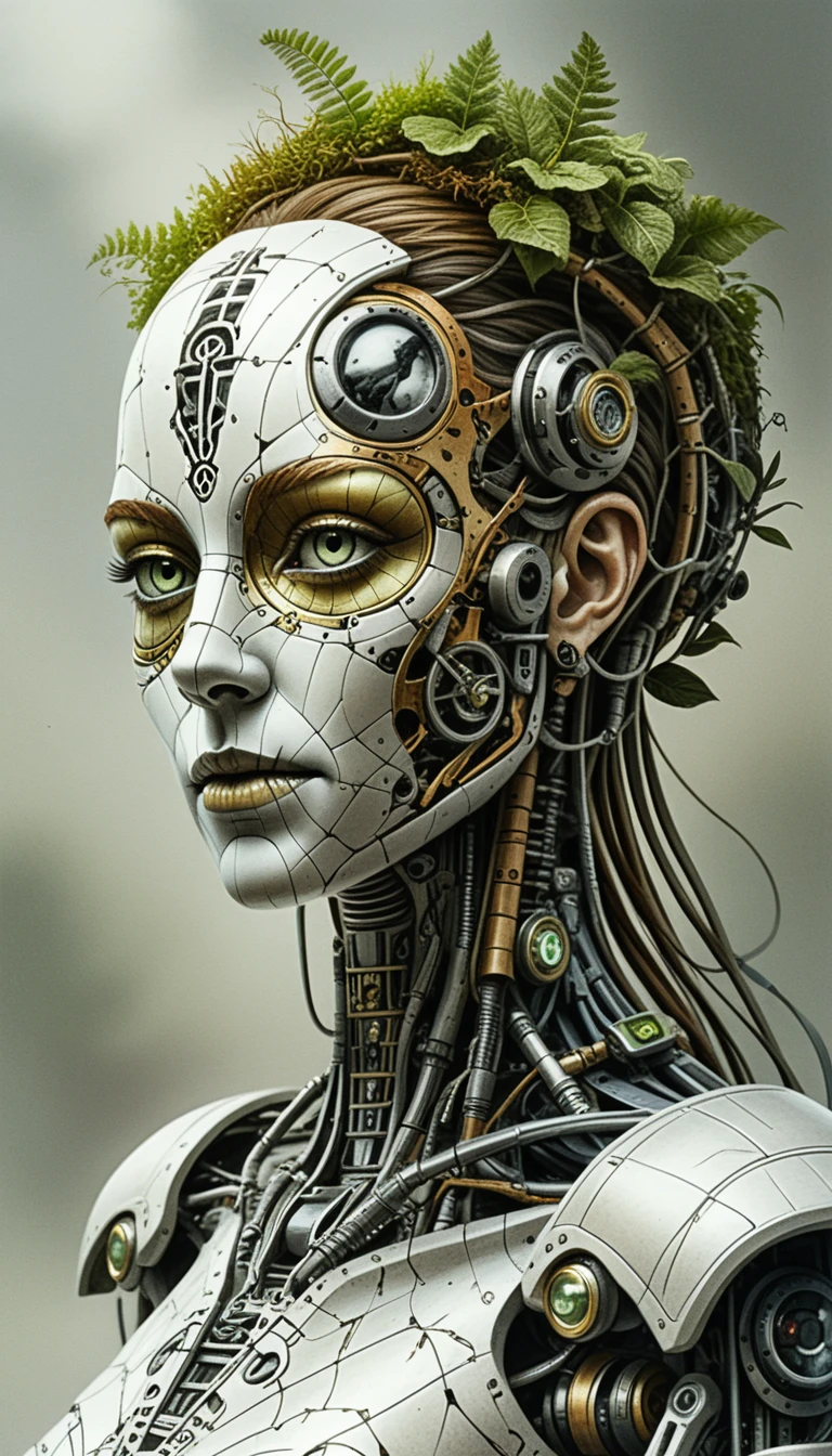 Surreal biomechanical android head merging forest and machine