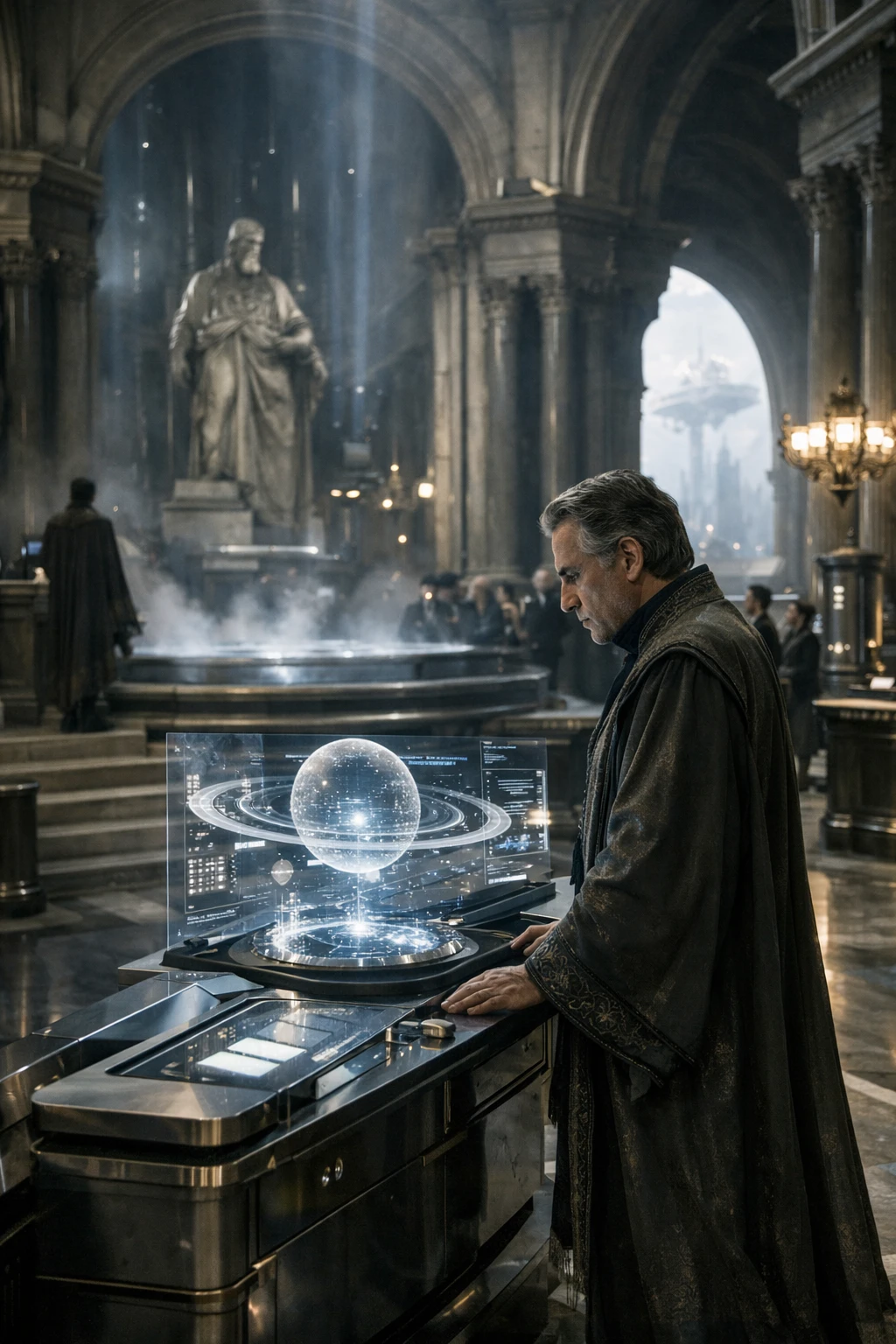 Hall arquitetônico futurista com atmosfera cinematográfica solene