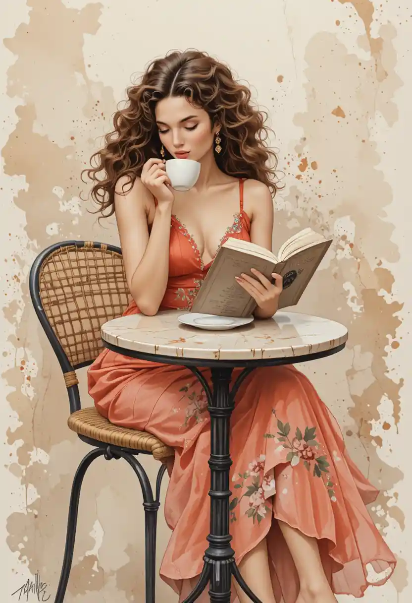 Elegante donna che legge a un piccolo tavolino da caffè ad acquerello