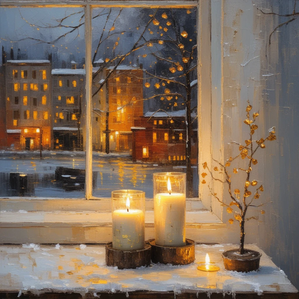 Table chaleureuse à la lueur des bougies avec vue d’hiver sur la ville
