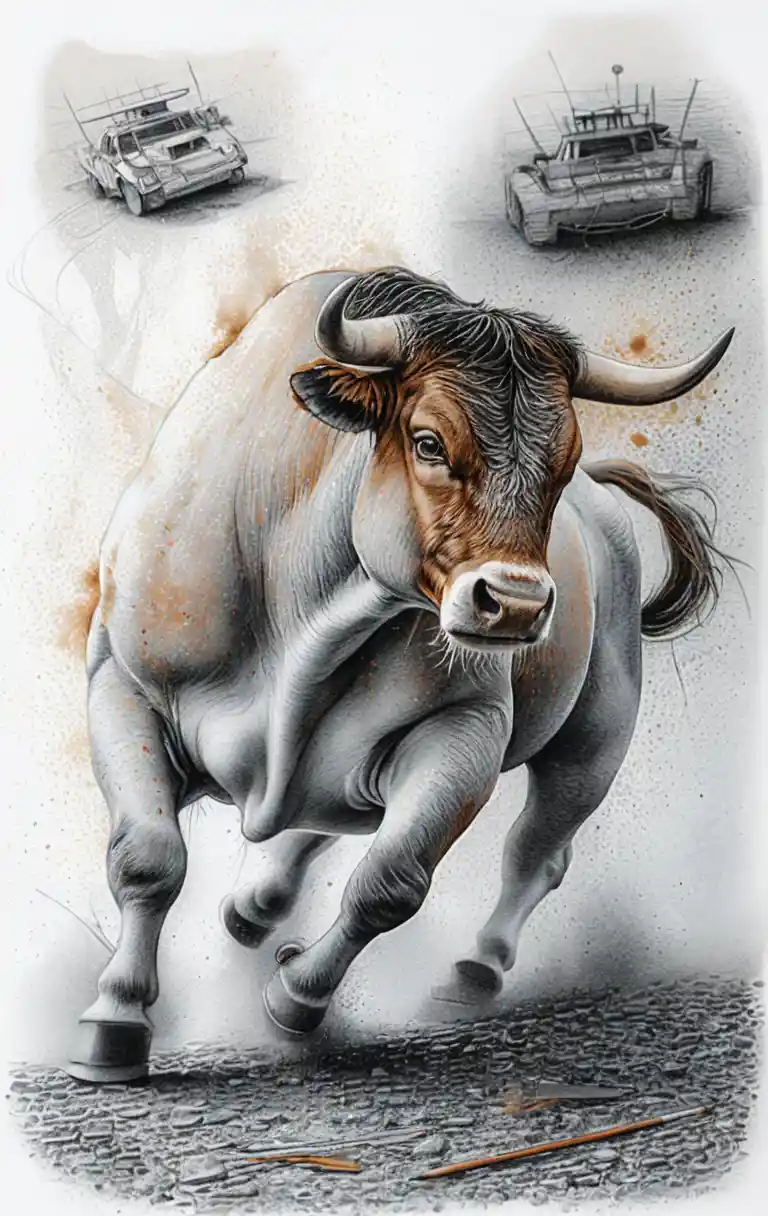 Toro español embistiendo en ilustración expresiva de técnica mixta