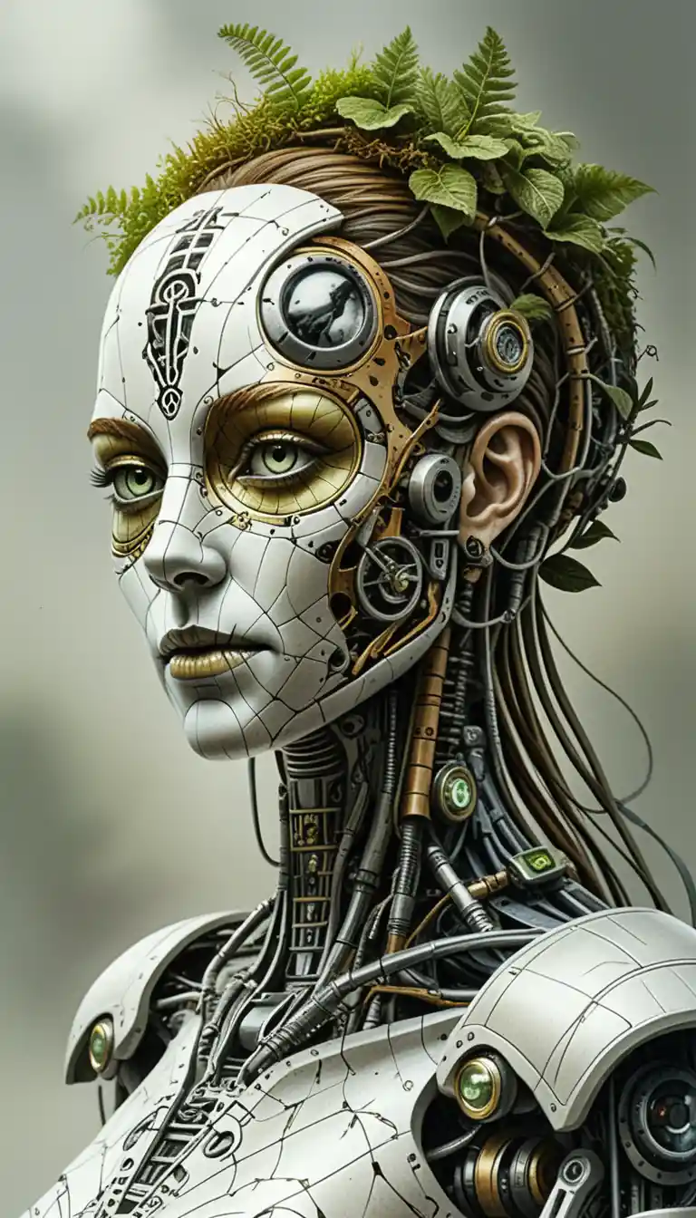 Surreal biomechanical android head merging forest and machine