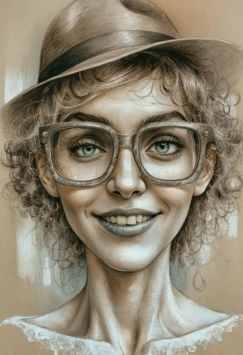 Surreal scribble faced woman with cracked teal glasses