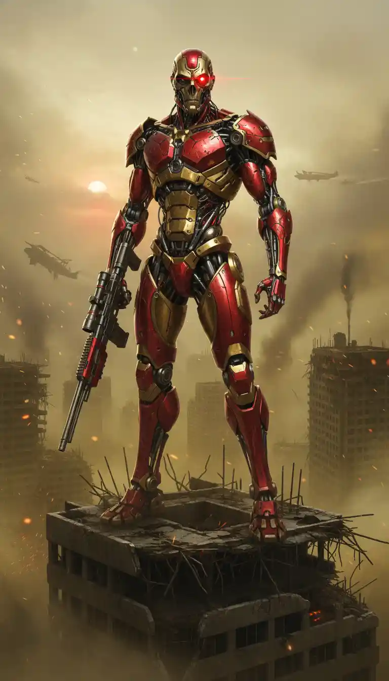 Cyborg assassin in a ruined futuristic cityscape