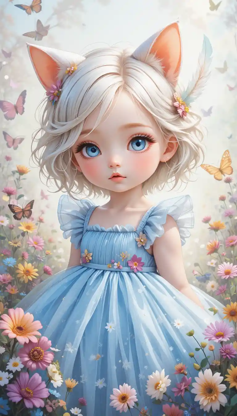 Cute white haired cat eared baby in blue dress with butterflies