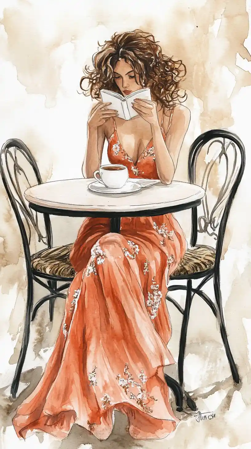 Watercolor woman reading at a small cafe table
