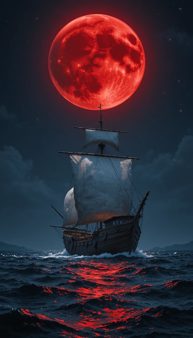 Navio vermelho sob uma lua gigante brilhante em águas escuras