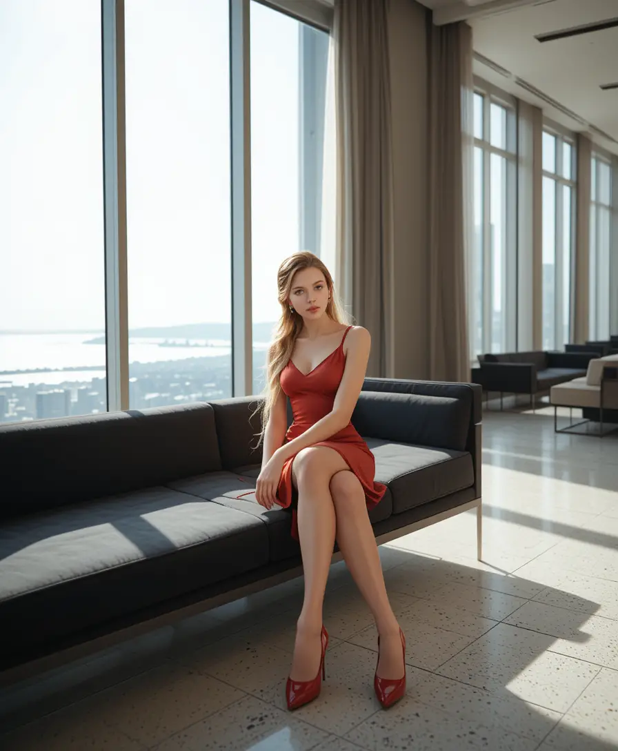 Elegant woman on sofa in sunny high rise apartment