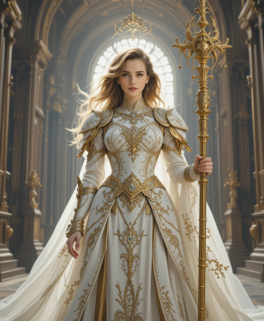 Divine warrior woman in golden armor within grand cathedral