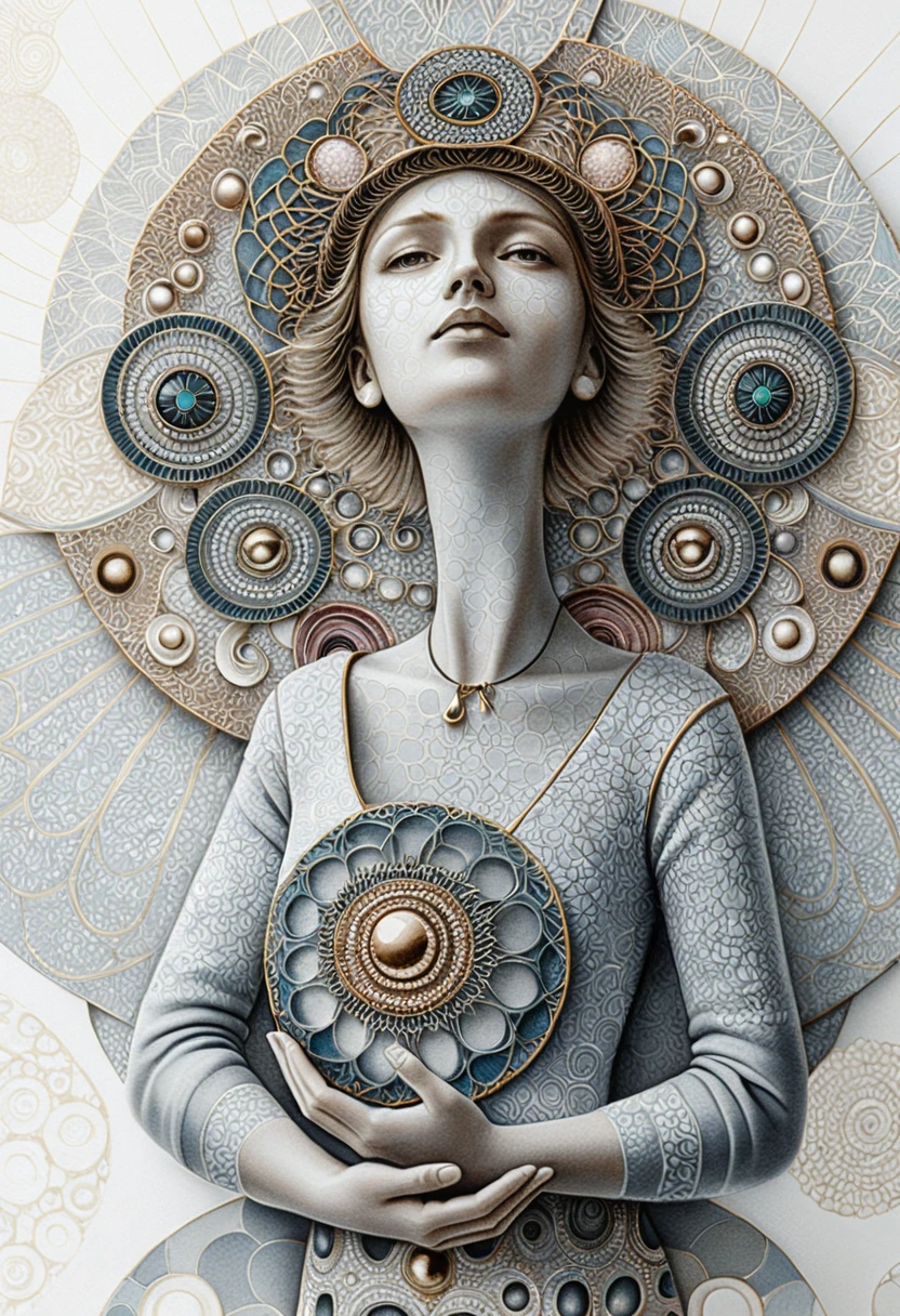 Figura feminina serena em relevo sagrado de mandala ornamentada