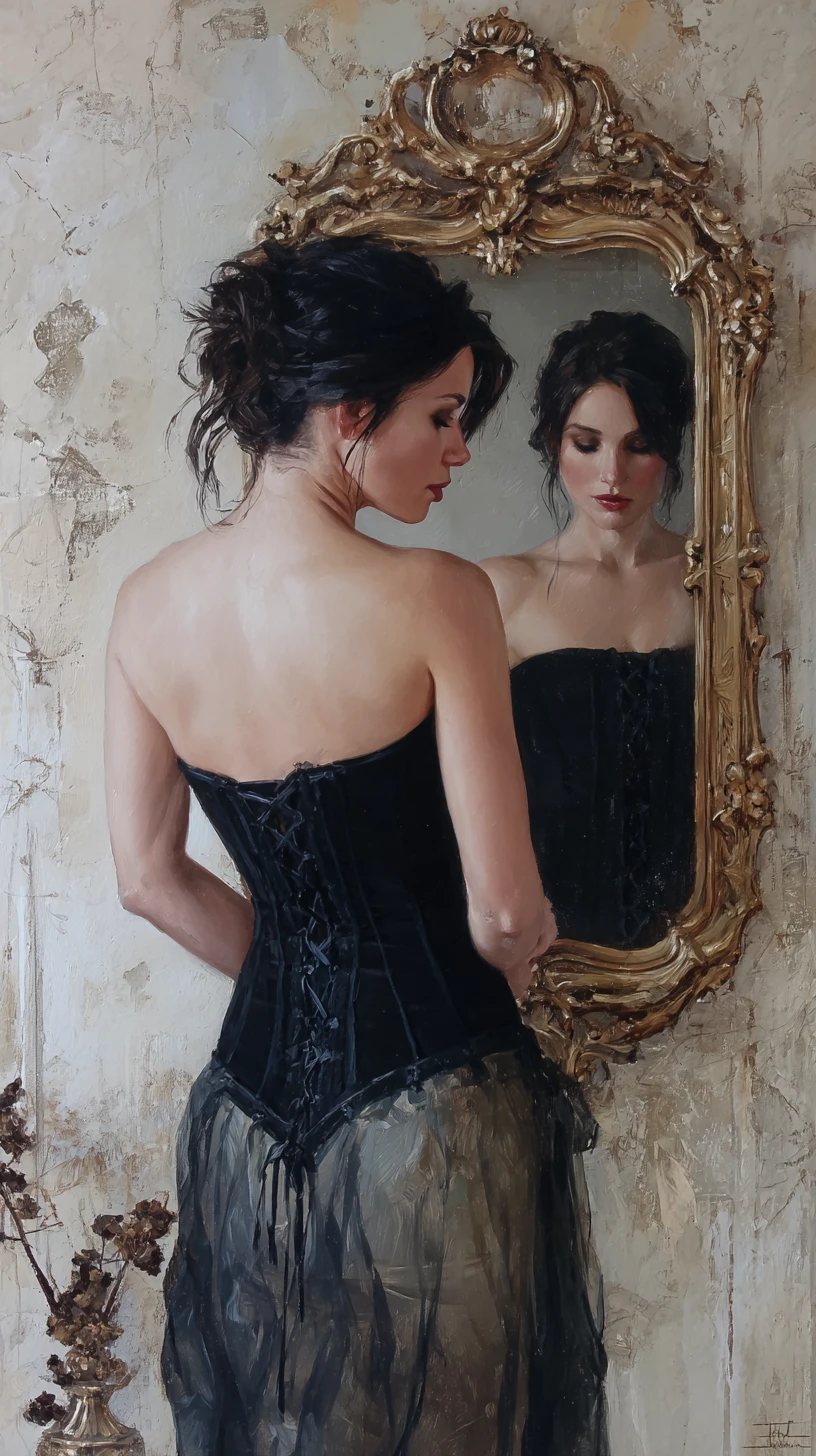 Donna in corsetto davanti a specchio decorato in morbido dipinto a olio
