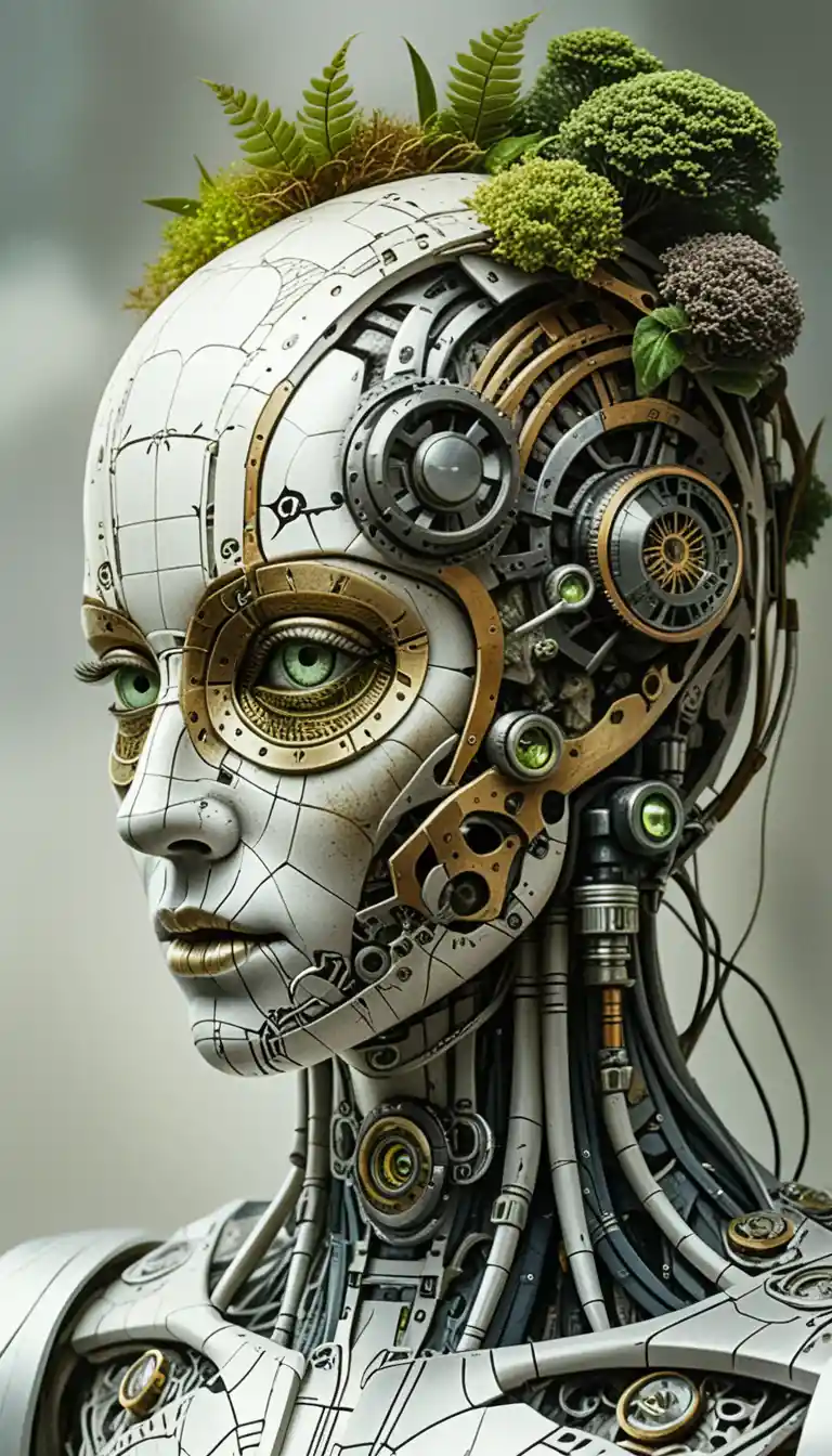 Surrealer biomechanischer Androidenkopf zwischen Wald und Maschine