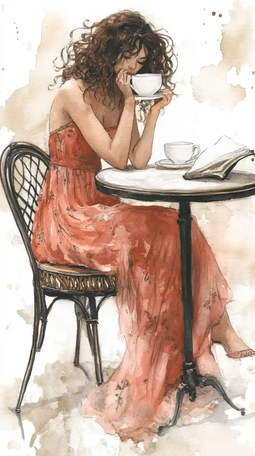Watercolor woman in coral dress reading at cafe table