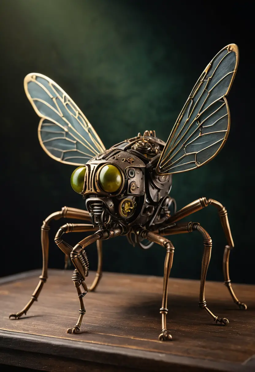 Hyperrealistische Steampunk-Kricketmaschine auf Holzsockel