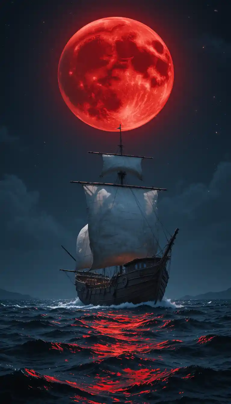 Nave rossa sotto una luna enorme e luminosa su acque oscure