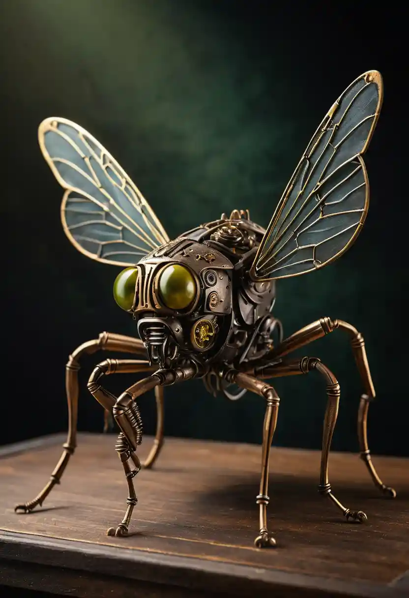 Hyperrealistische Steampunk-Kricketmaschine auf Holzsockel