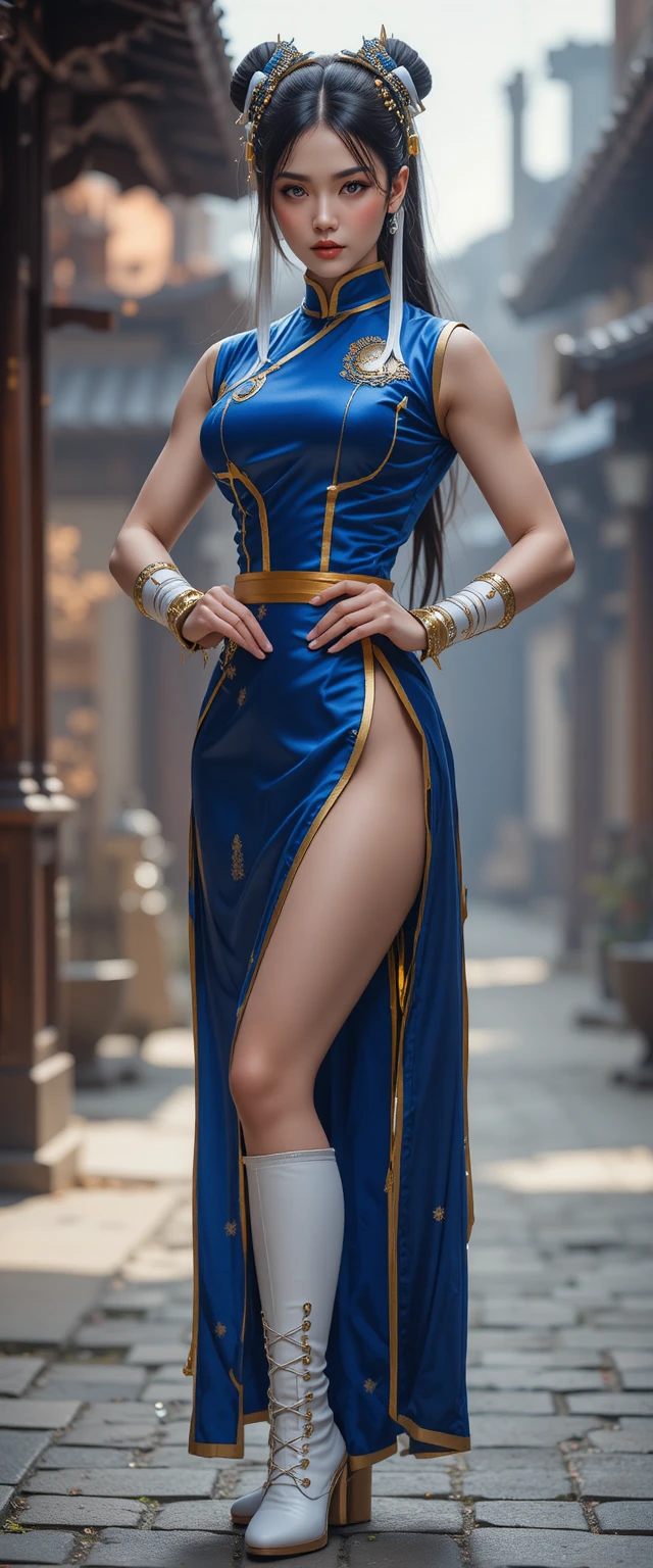 身穿藍色武術服女子的電影感人像