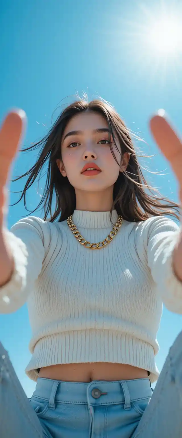 푸른 하늘 아래 젊은 여성의 로우 앵글 패션 포트레이트