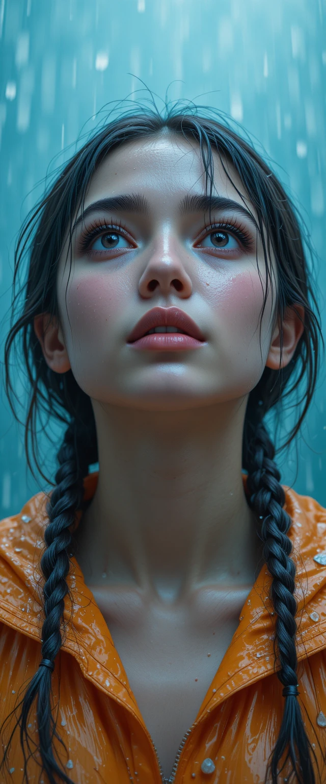 Jeune femme sous la pluie regardant le ciel