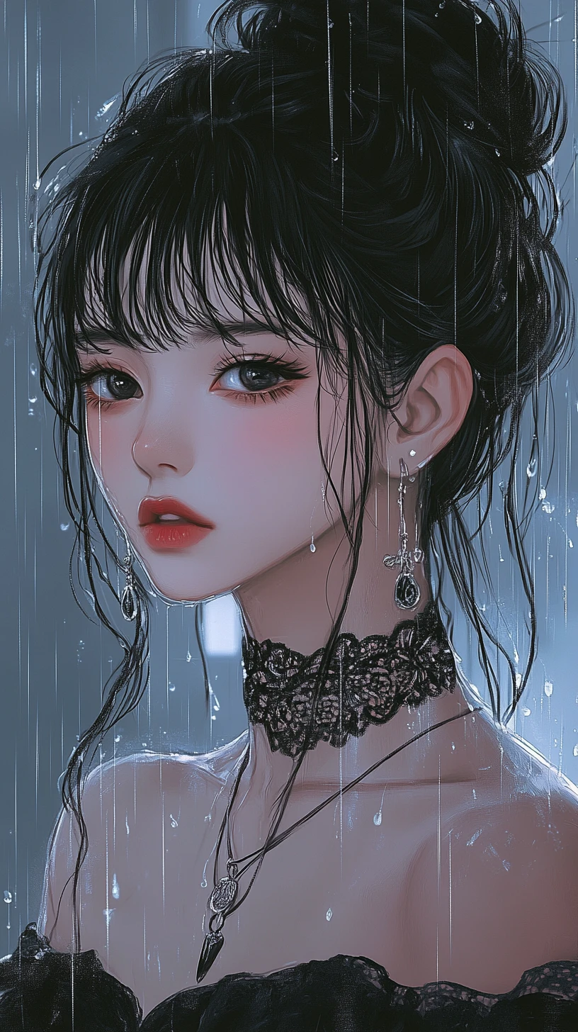 부드러운 빗속 우산을 든 소녀 플랫 일러스트 초상화