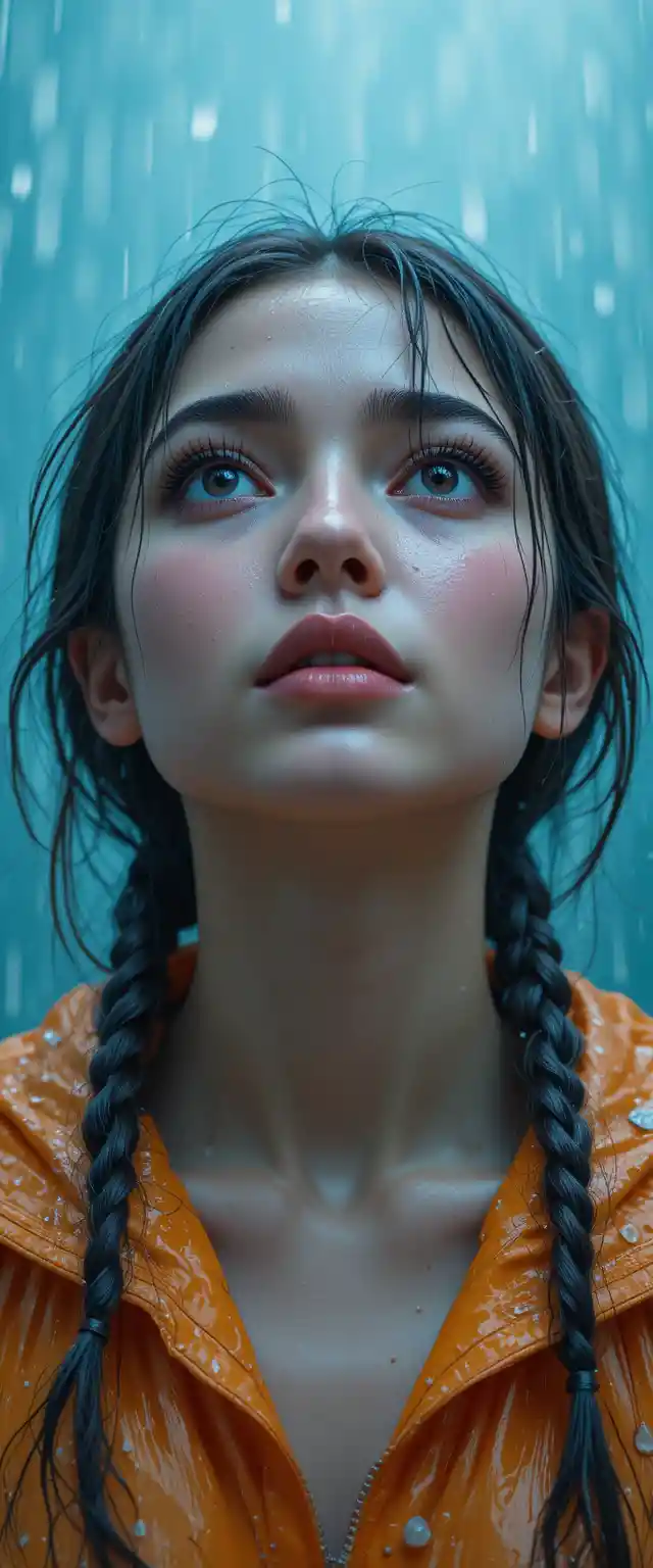 雨の中で空を見上げる若い女性