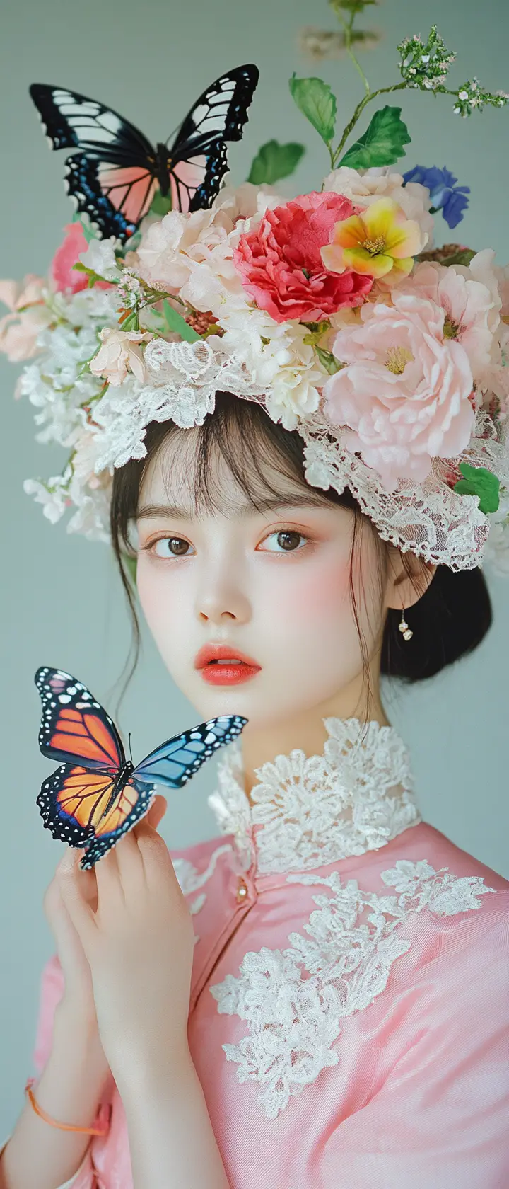 身著粉色旗袍與蝴蝶相伴的優雅女子