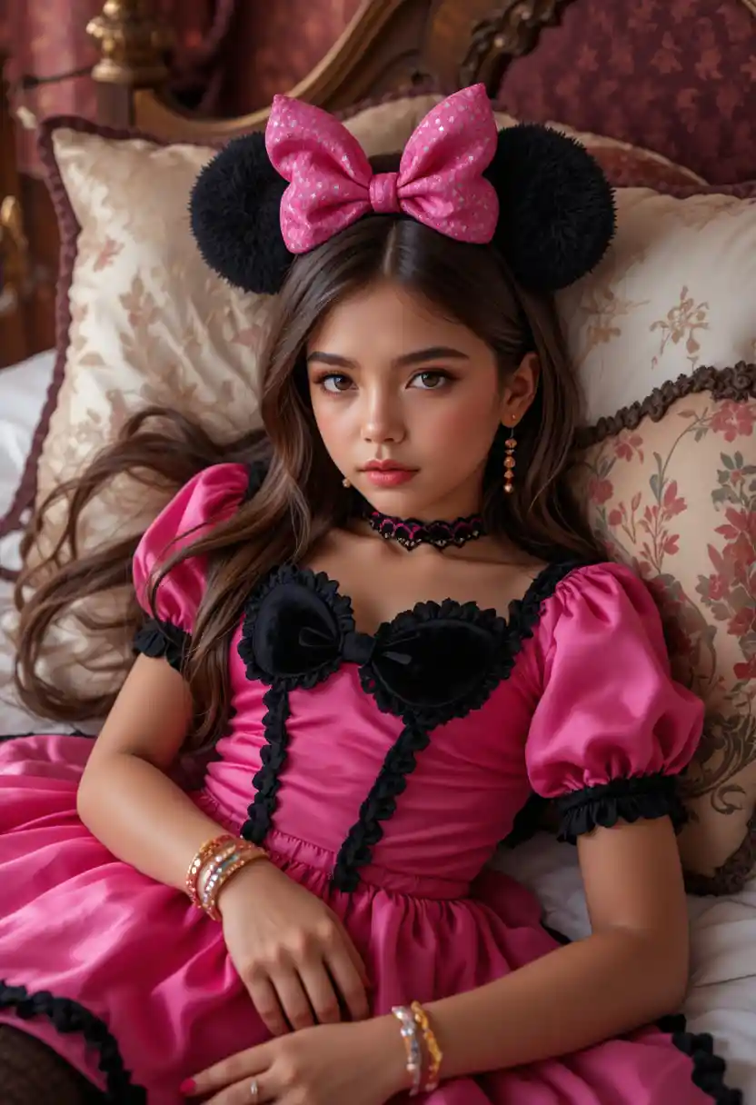 Pre-Teen-Junge im Minnie-Maus-Kostüm auf Himmelbett im Hotel