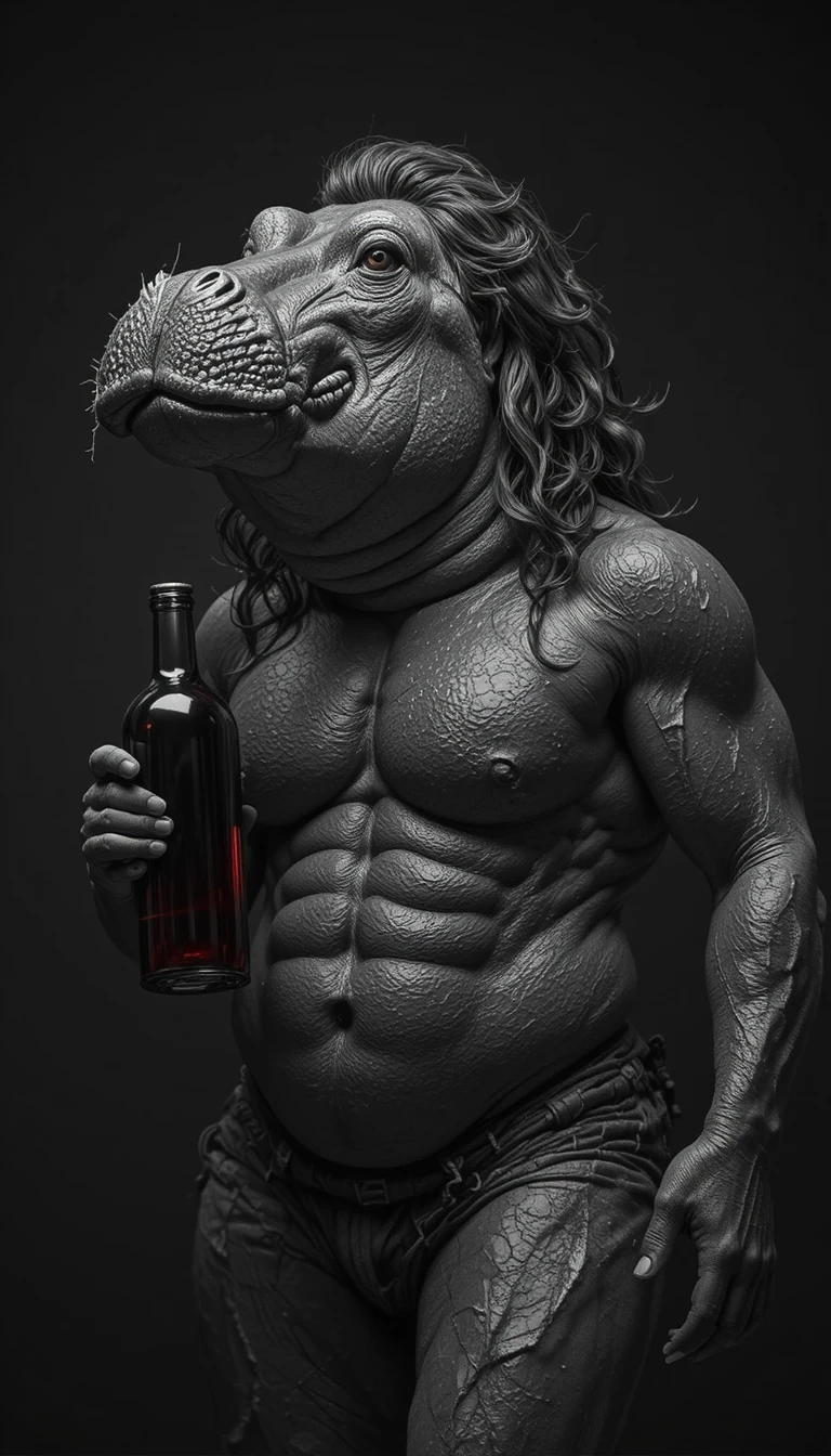 Hippopotame musclé en tanga tenant une bouteille de vin rouge