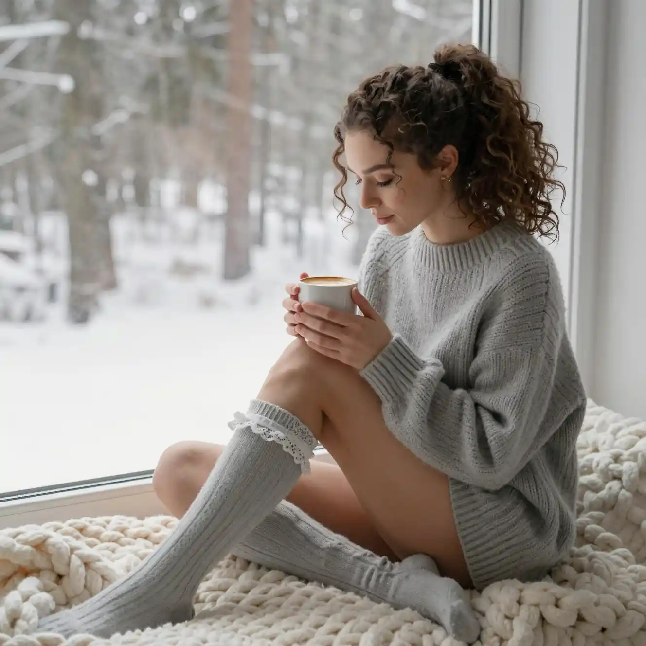 Joven saboreando un latte sobre una acogedora manta de punto