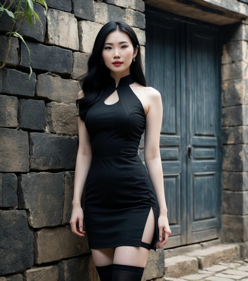 Mujer vietnamita con vestido oscuro en antigua casa de barro