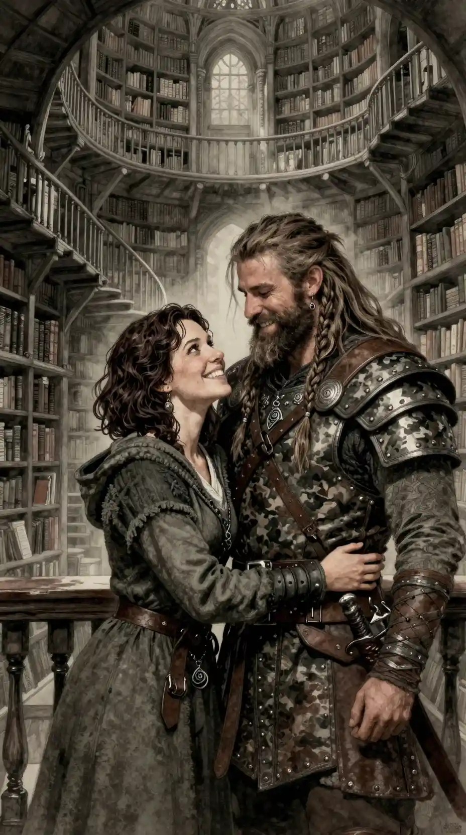 Guerreiro e mulher sorrindo juntos em uma vasta biblioteca