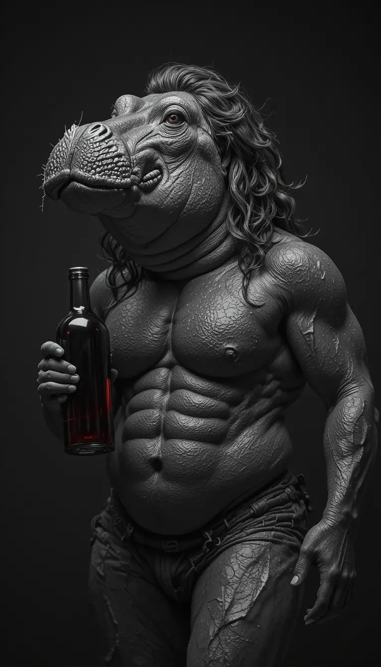 Muscular hippopotamus in tanga holding red wine bottle