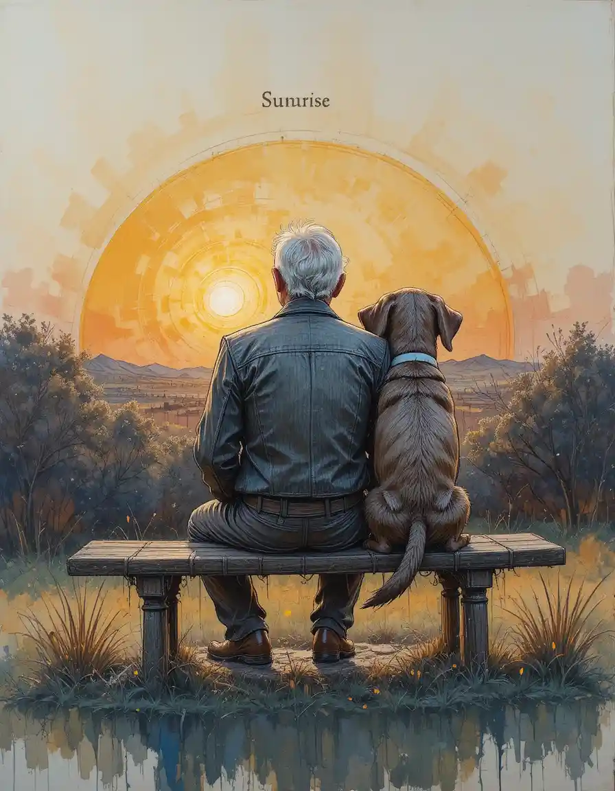 Älterer Mann und Hund auf einer Bank bei friedlichem Sonnenaufgang