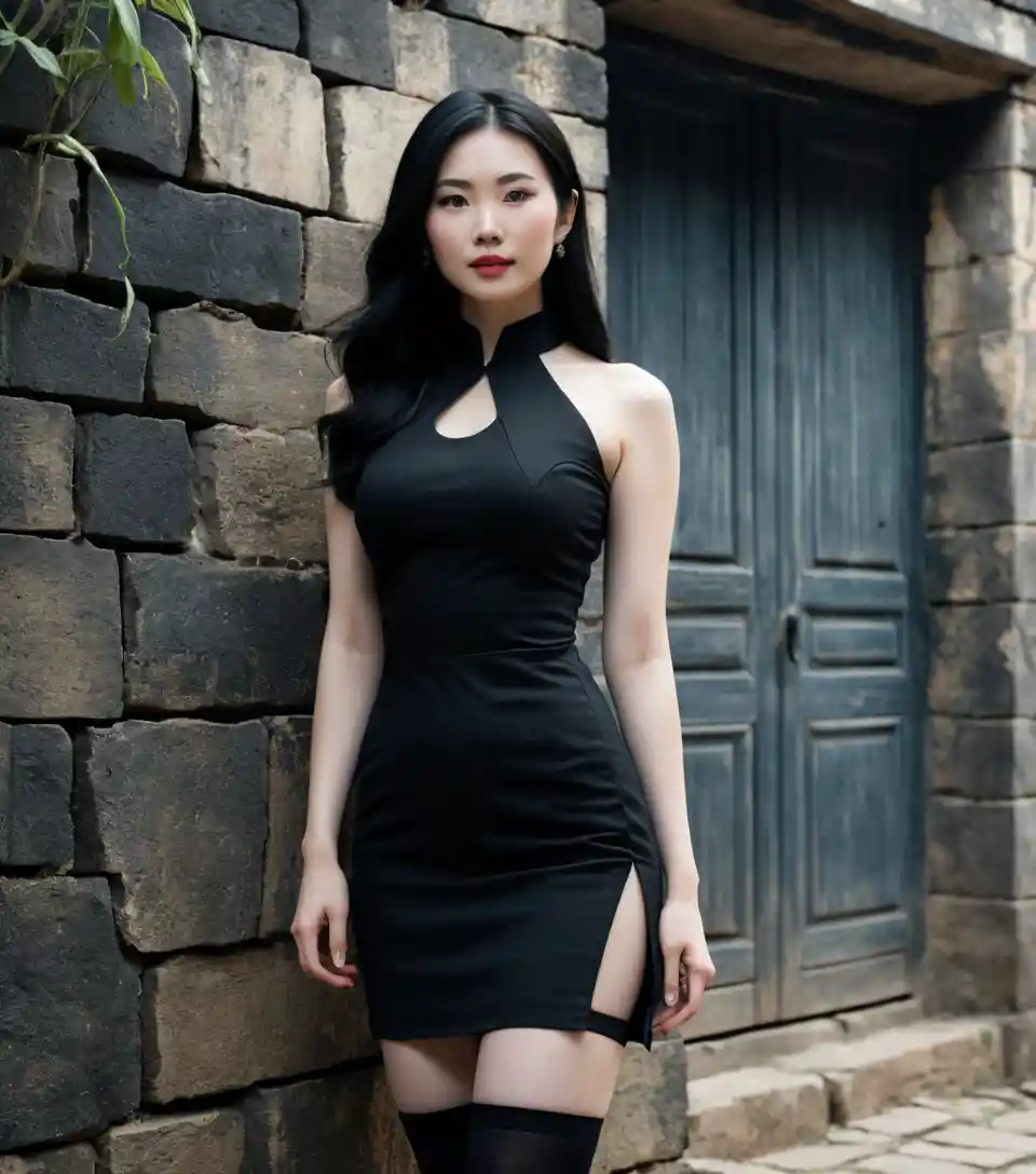 Mulher vietnamita de vestido escuro em antiga casa de barro