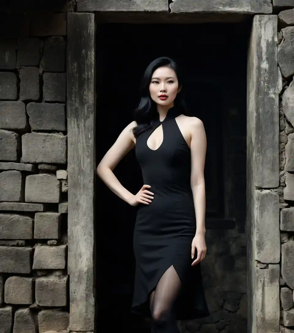 Donna vietnamita con abito vintage in un'antica casa dalle mura di terra
