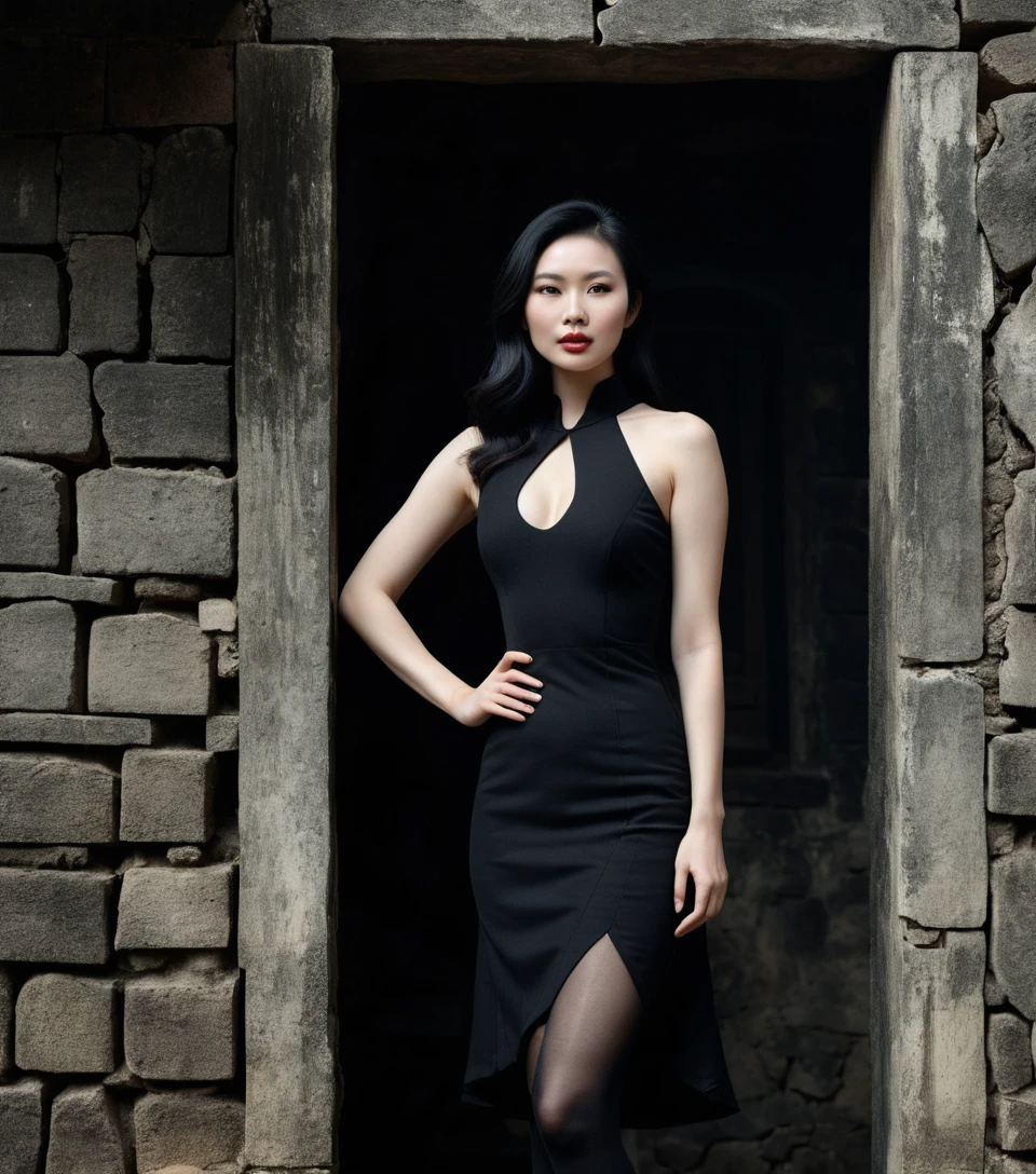 Donna vietnamita con abito vintage in un'antica casa dalle mura di terra