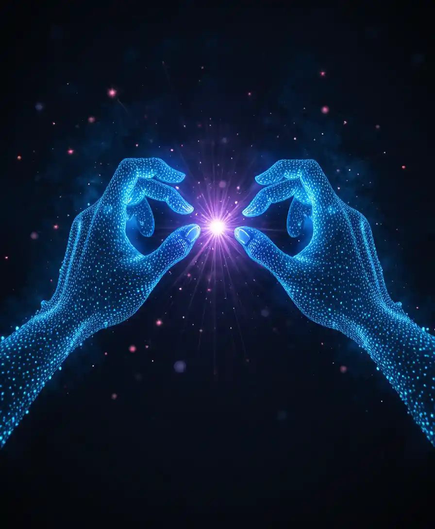 Glowing digital hands reaching toward a luminous cosmic spark