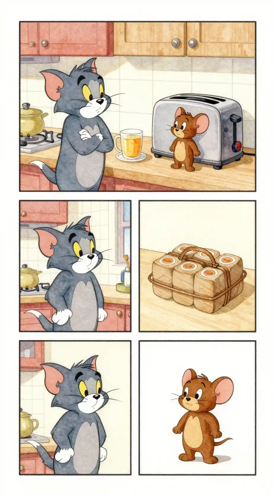 Gato de desenho aquarela com lanches em uma cozinha aconchegante