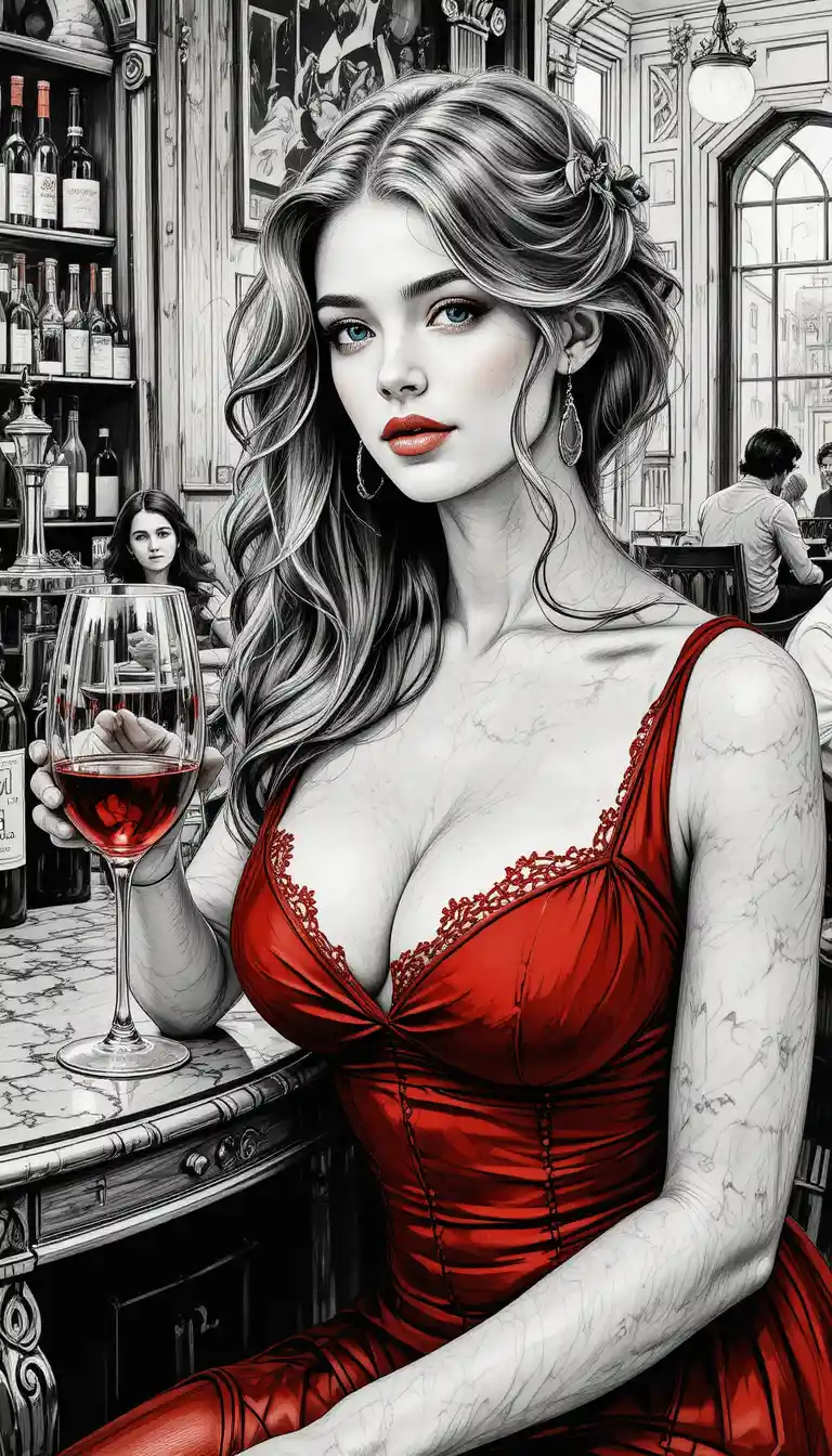 Giovane donna in abito rosso con vino in un caffè accogliente