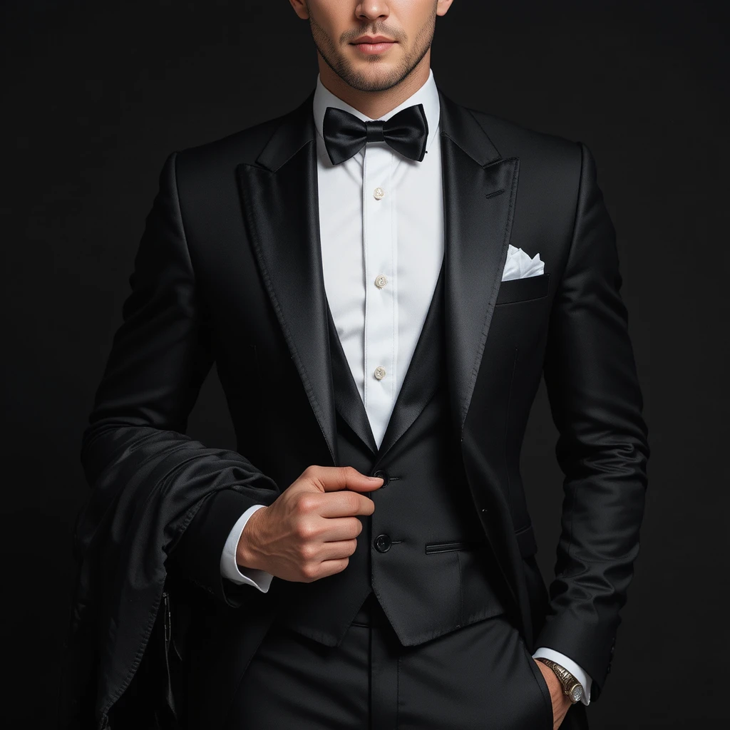 Homem elegante de smoking preto sobre fundo preto sólido