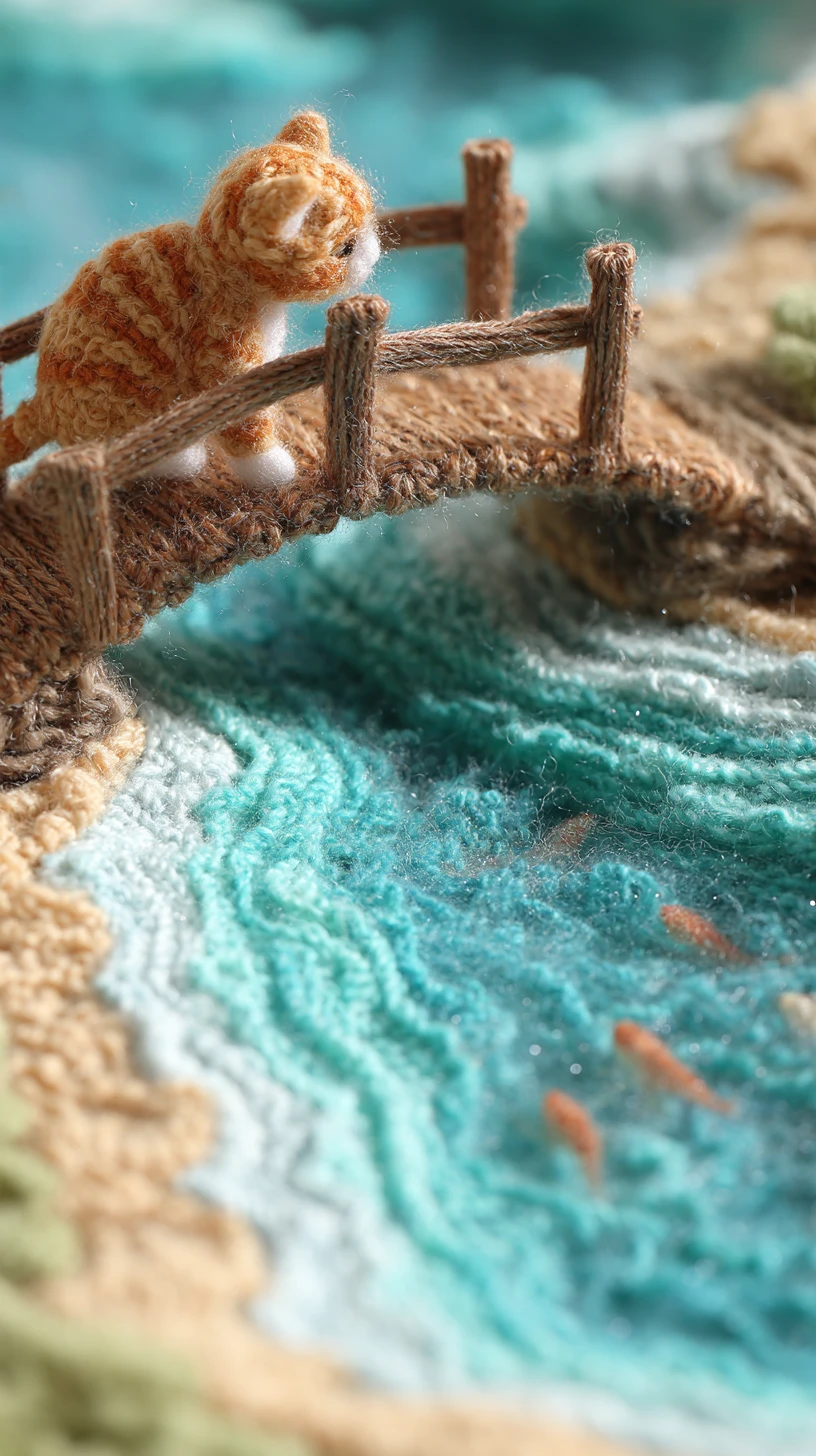 Chat tricoté sur pont rustique au-dessus d’une rivière turquoise